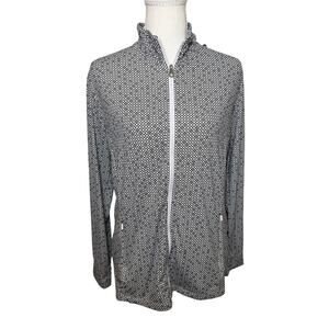 DAKS Black White Geometric Full Zip Mock Neck Jacket